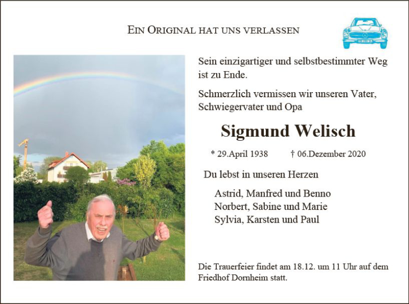  Traueranzeige für Sigmund Welisch vom 12.12.2020 aus vrm-trauer
