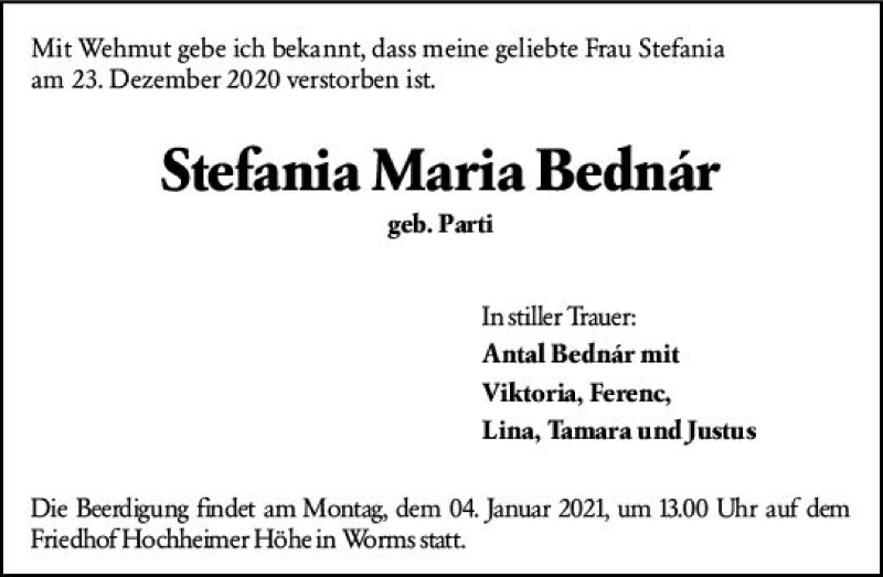 Traueranzeige für Stefania Maria Bednar vom 30.12.2020 aus vrm-trauer
