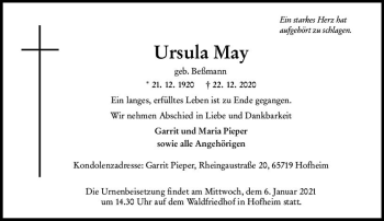Traueranzeige von Ursula May von vrm-trauer