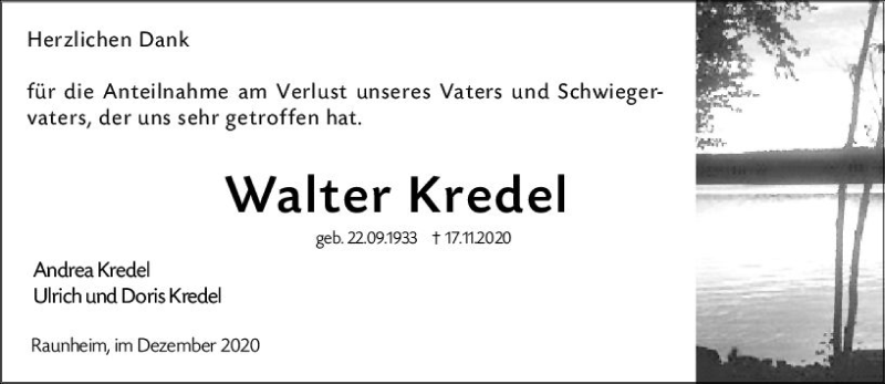  Traueranzeige für Walter Kredel vom 22.12.2020 aus vrm-trauer