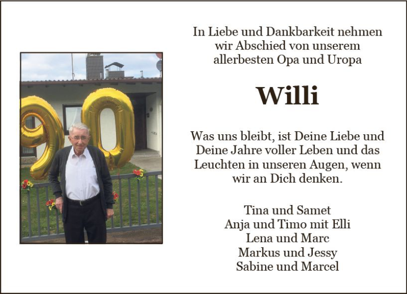  Traueranzeige für Willi  vom 12.12.2020 aus vrm-trauer