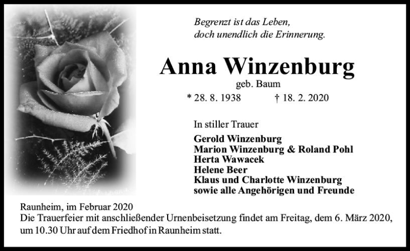  Traueranzeige für Anna Winzenburg vom 29.02.2020 aus vrm-trauer