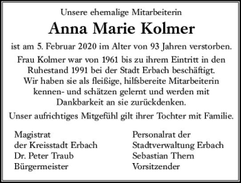 Traueranzeige von Anna Marie Kolmer von vrm-trauer