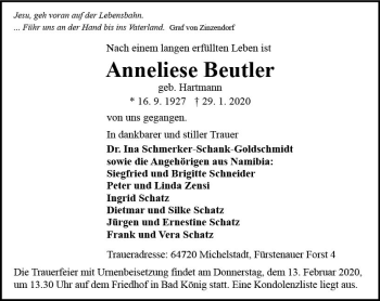 Traueranzeige von Anneliese Beutler von vrm-trauer