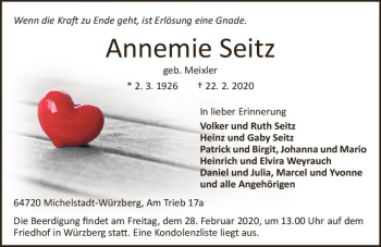 Traueranzeige von Annemie Seitz von vrm-trauer