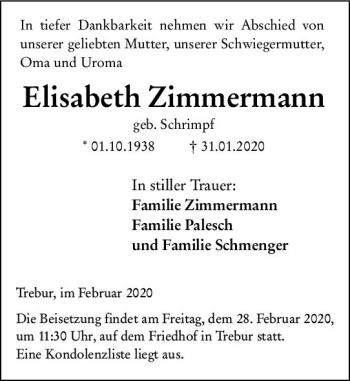 Traueranzeige von Elisabeth Zimmermann von vrm-trauer