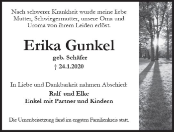 Traueranzeige von Erika Gunkel von vrm-trauer