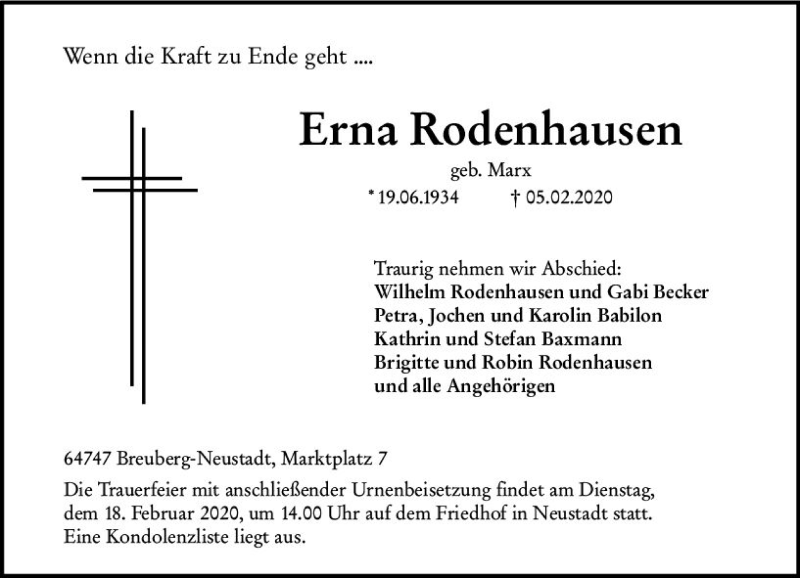  Traueranzeige für Erna Rodenhausen vom 15.02.2020 aus vrm-trauer