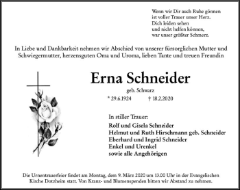 Traueranzeige von Erna Schneider von vrm-trauer