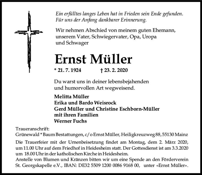  Traueranzeige für Ernst Müller vom 27.02.2020 aus vrm-trauer