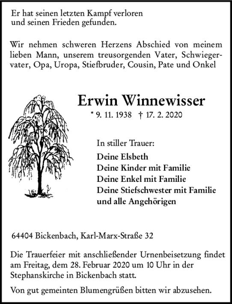  Traueranzeige für Erwin Winnewisser vom 22.02.2020 aus vrm-trauer