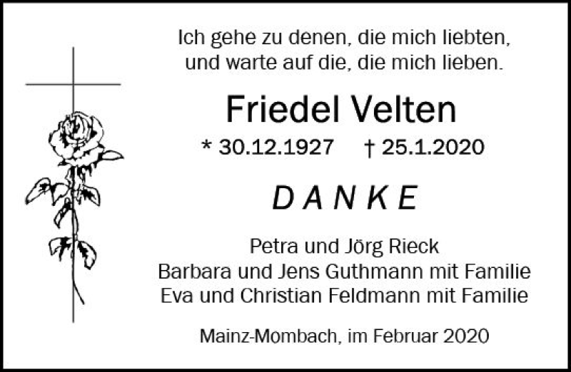  Traueranzeige für Friedel Velten vom 22.02.2020 aus vrm-trauer