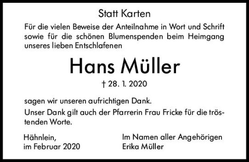  Traueranzeige für Hans Müller vom 29.02.2020 aus vrm-trauer