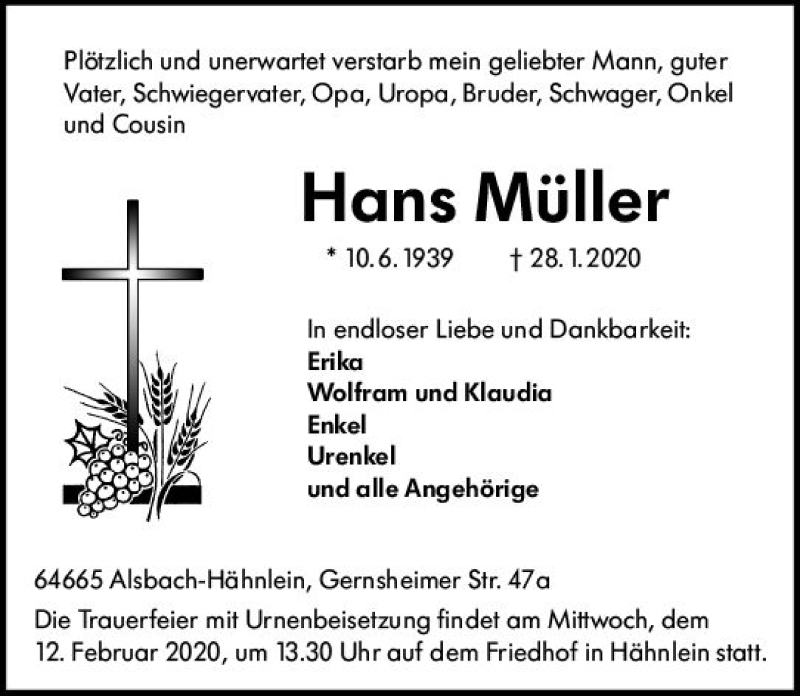 Traueranzeige für Hans Müller vom 08.02.2020 aus vrm-trauer