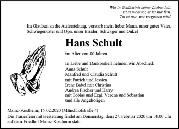 Traueranzeige von Hans Schult von vrm-trauer