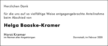 Traueranzeige von Helga Baaske-Kramar von vrm-trauer