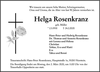 Traueranzeige von Helga Rosenkranz von vrm-trauer