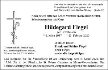 Traueranzeige von Hildegard Flegel von vrm-trauer