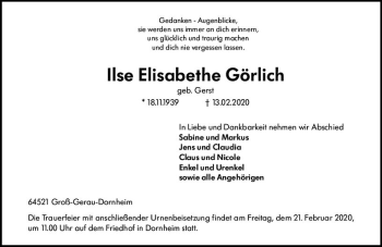 Traueranzeige von Ilse Elisabethe Görlich von vrm-trauer