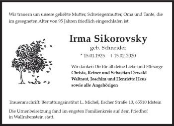 Traueranzeige von Irma Sikorovsky von vrm-trauer