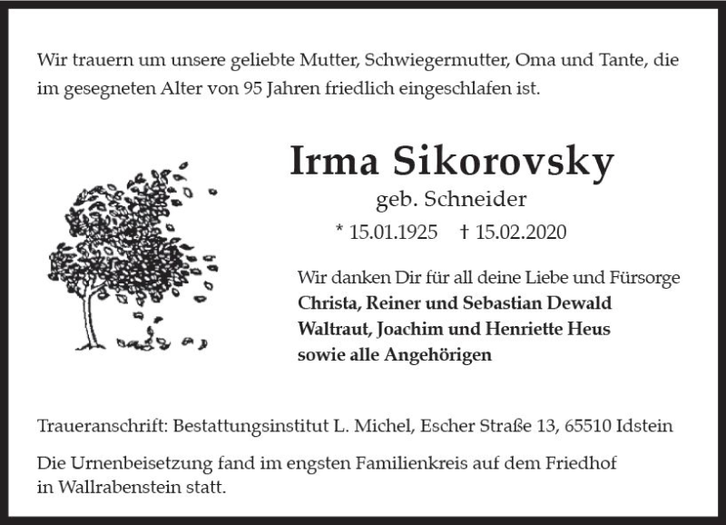  Traueranzeige für Irma Sikorovsky vom 29.02.2020 aus vrm-trauer