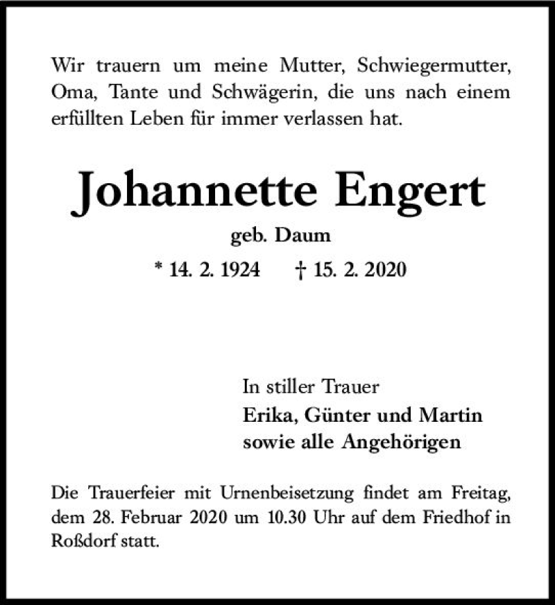  Traueranzeige für Jobannette Engert vom 22.02.2020 aus vrm-trauer