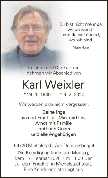 Traueranzeige von Karl Weixler von vrm-trauer