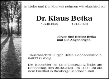 Traueranzeige von Klaus Betka von vrm-trauer