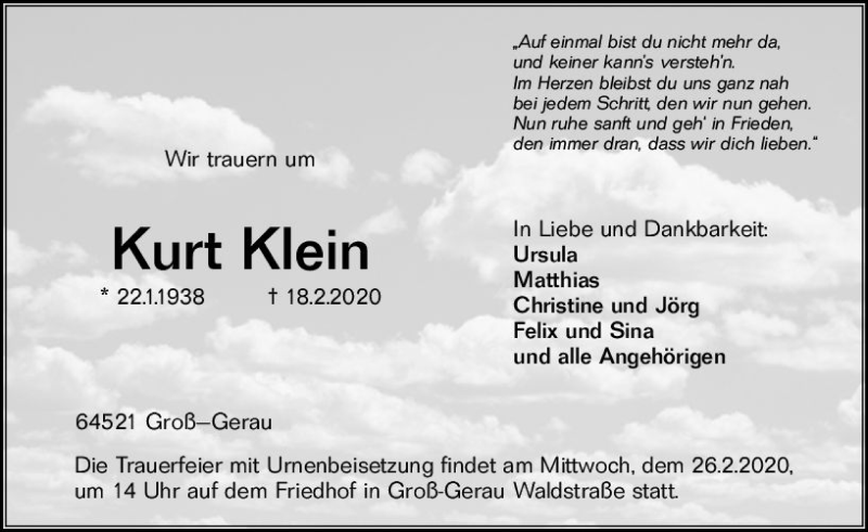  Traueranzeige für Kurt Klein vom 22.02.2020 aus vrm-trauer