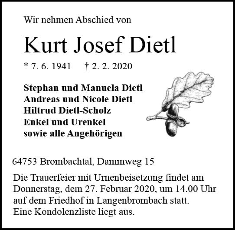  Traueranzeige für Kurt Josef Dietl vom 22.02.2020 aus vrm-trauer