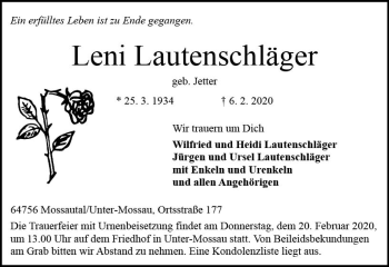 Traueranzeige von Leni Lautenschläger von vrm-trauer