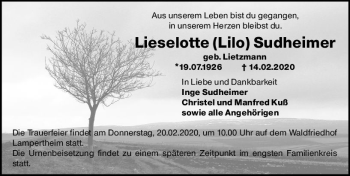 Traueranzeige von Lieselotte Sudheimer von vrm-trauer