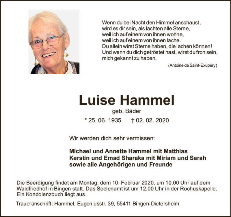  Traueranzeige für Luise Hammel vom 06.02.2020 aus vrm-trauer