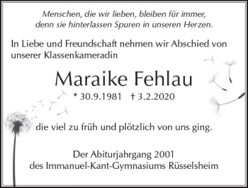 Traueranzeige von Maraike Fehlau von vrm-trauer
