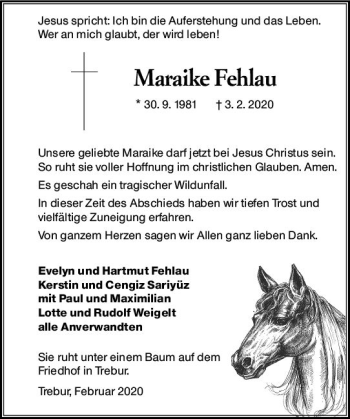 Traueranzeige von Maraike Fehlau von vrm-trauer
