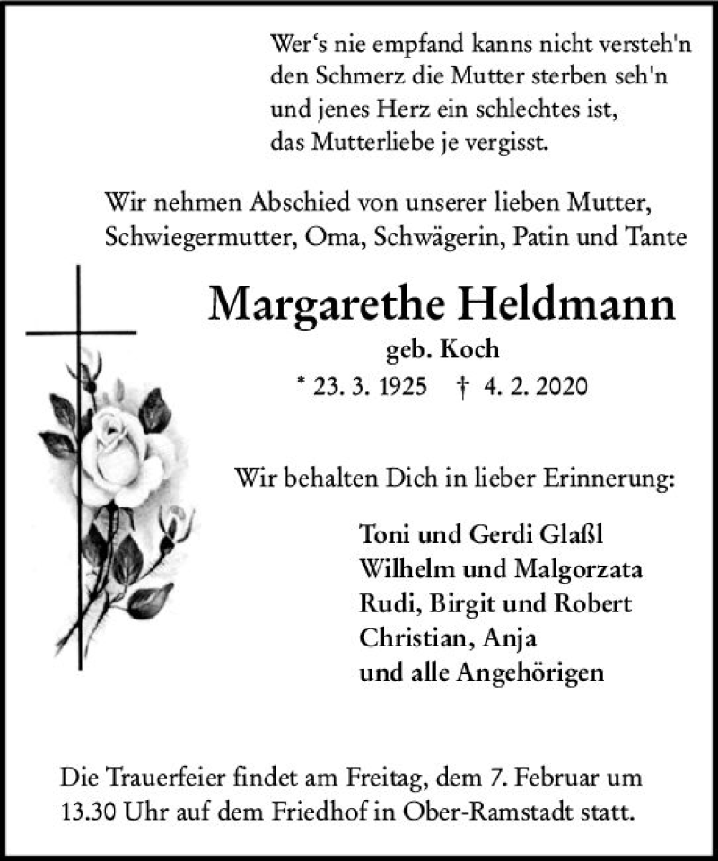 Traueranzeige für Margarethe Heldmann vom 06.02.2020 aus vrm-trauer