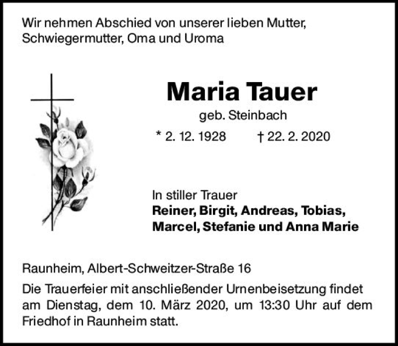  Traueranzeige für Maria Tauer vom 29.02.2020 aus vrm-trauer