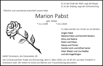 Traueranzeige von Marion Pabst von vrm-trauer