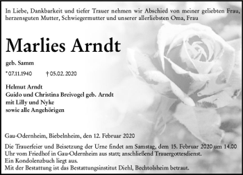 Traueranzeige von Marlies Arndt von vrm-trauer