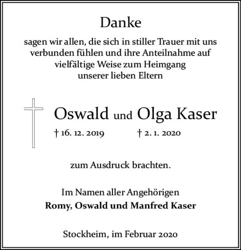  Traueranzeige für Olga Kaser vom 22.02.2020 aus vrm-trauer