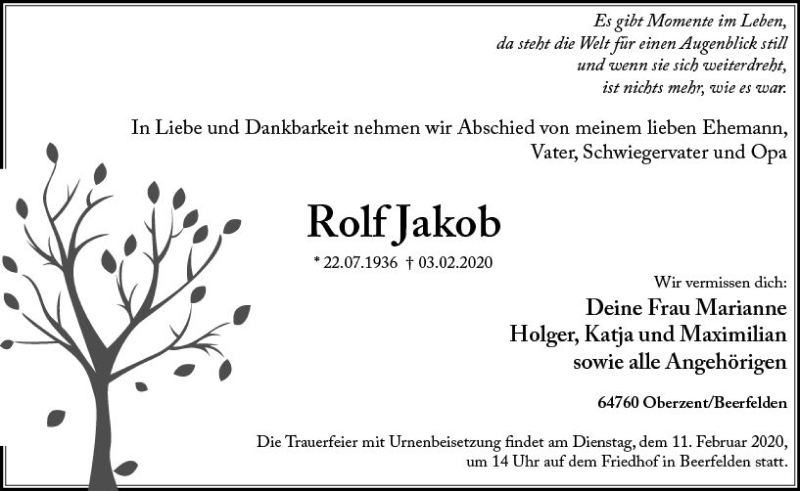 Traueranzeige für Rolf Jakob vom 08.02.2020 aus vrm-trauer