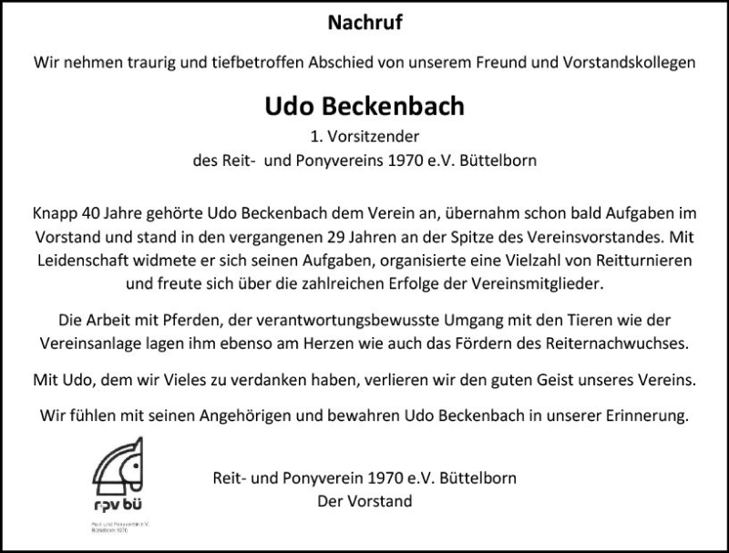 Traueranzeige für Udo Beckenbach vom 08.02.2020 aus vrm-trauer