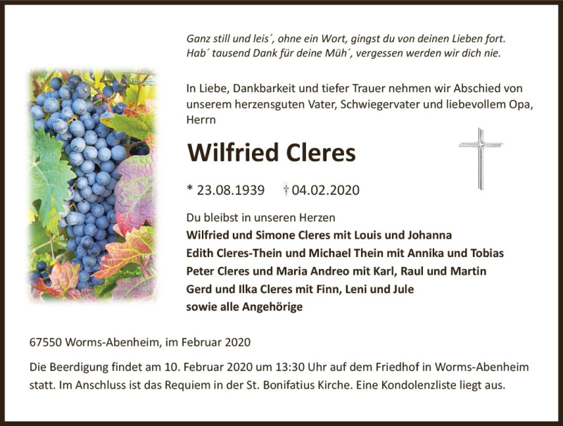  Traueranzeige für Wilfried Cleres vom 07.02.2020 aus vrm-trauer