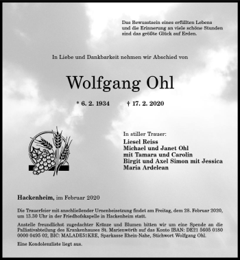 Traueranzeige von Wolfgang Ohl von vrm-trauer
