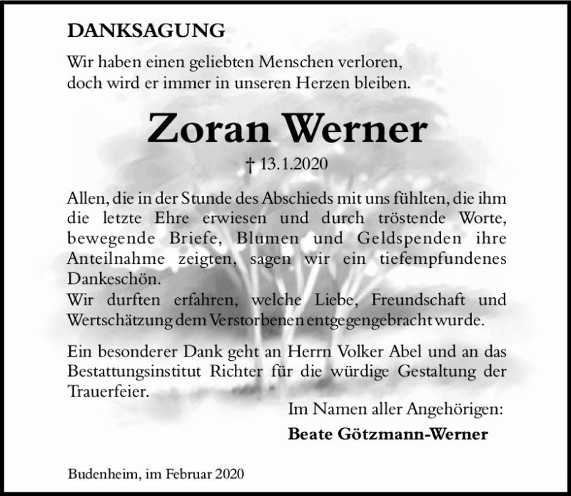  Traueranzeige für Zoran Werner vom 08.02.2020 aus vrm-trauer