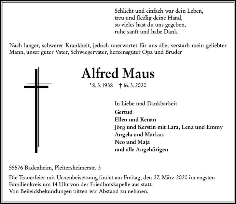  Traueranzeige für Alfred Maus vom 24.03.2020 aus vrm-trauer
