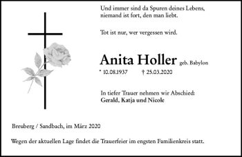 Traueranzeige von Anita Holler von vrm-trauer