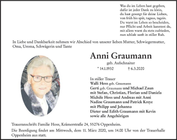Traueranzeige von Anni Graumann von vrm-trauer