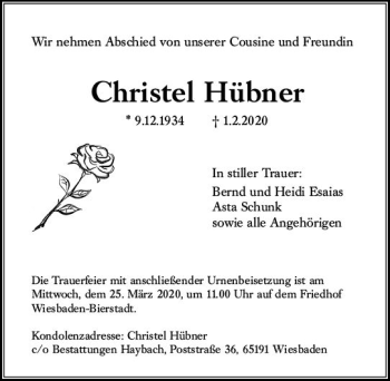 Traueranzeige von Christel Hübner von vrm-trauer