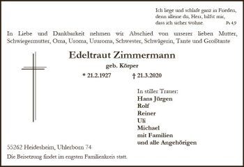 Traueranzeige von Edeltraud Zimmermann von vrm-trauer